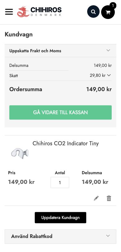 Varukorgen på Chihiros.se med knappen GÅ VIDARE TILL KASSAN.