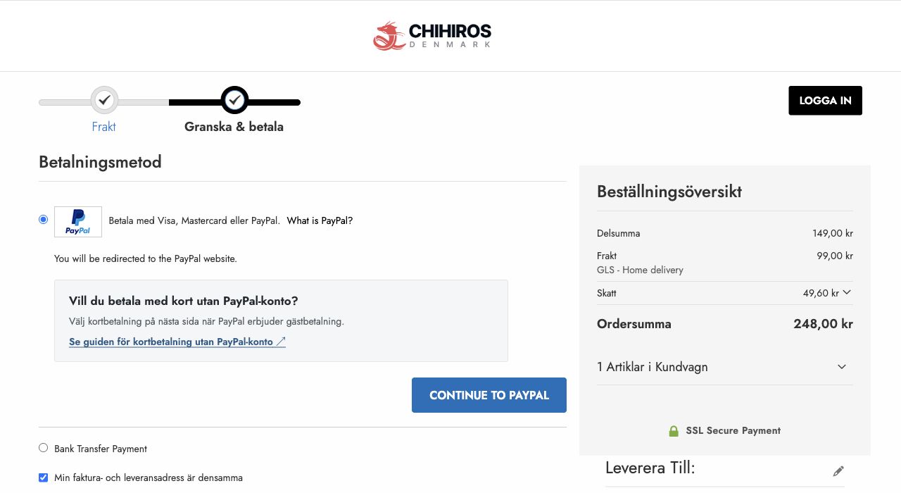 Betalningsmetoden Betala med Visa, Mastercard eller PayPal med hjälp för kortbetalning utan konto, en länk till guiden och den blå knappen Continue to PayPal.