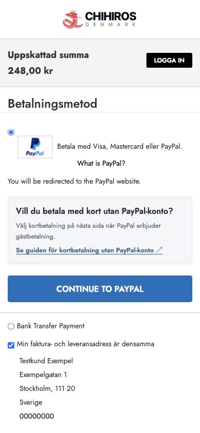 Betalningsmetoden Betala med Visa, Mastercard eller PayPal med hjälp för kortbetalning utan konto, en länk till guiden och den blå knappen Continue to PayPal.