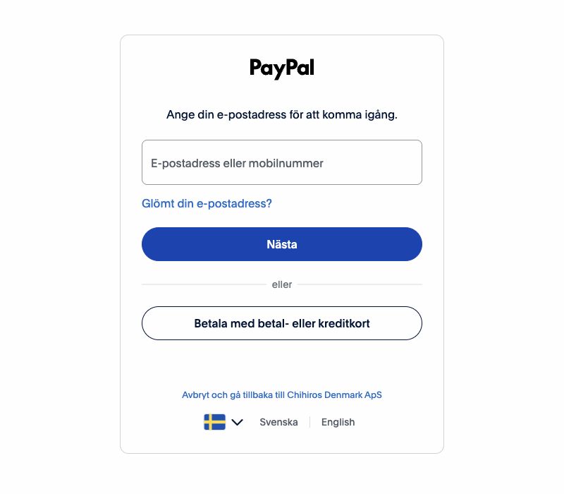 PayPals sida med knappen Betala med betal- eller kreditkort under inloggningsfältet.