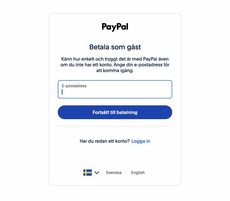 PayPals sida Betala som gäst med ett e-postfält och knappen Fortsätt till betalning.