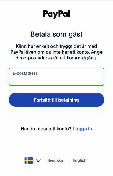 PayPals sida Betala som gäst med ett e-postfält och knappen Fortsätt till betalning.