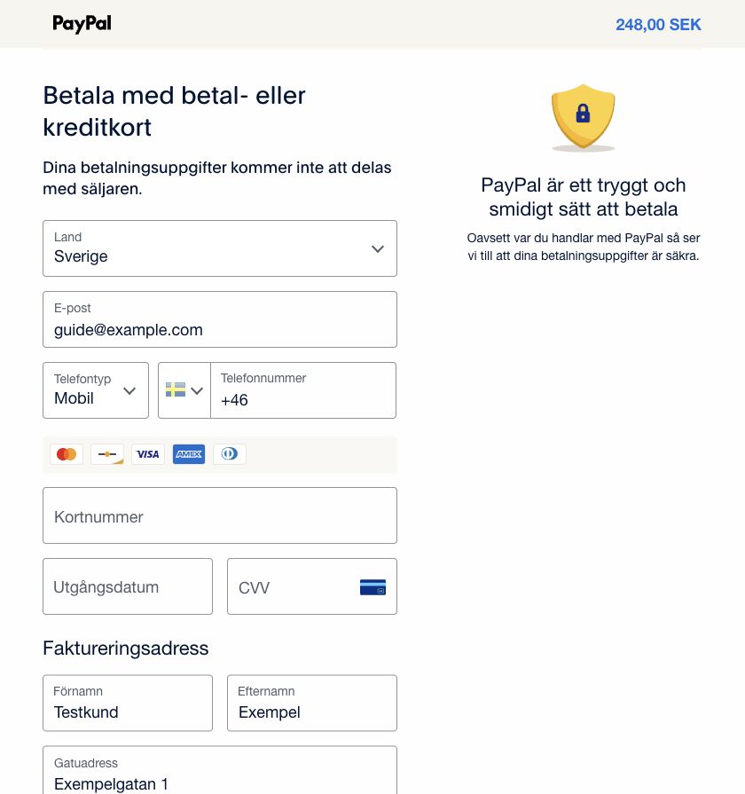 PayPals formulär med fält för kortnummer, utgångsdatum, säkerhetskod och kontaktuppgifter. Inga kortuppgifter är ifyllda.