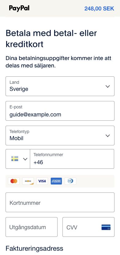 PayPals formulär med fält för kortnummer, utgångsdatum, säkerhetskod och kontaktuppgifter. Inga kortuppgifter är ifyllda.