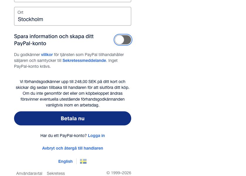 PayPals reglage Spara information och skapa ditt PayPal-konto är avstängt. Inget PayPal-konto krävs visas ovanför knappen Betala nu.