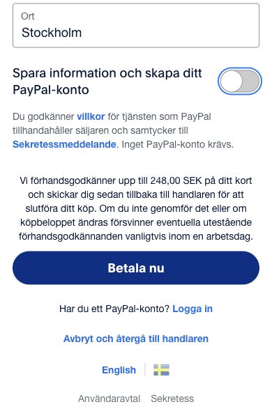 PayPals reglage Spara information och skapa ditt PayPal-konto är avstängt. Inget PayPal-konto krävs visas ovanför knappen Betala nu.